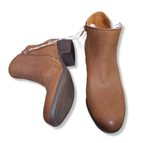 NEW Lucky Brand Leather Bessie Block Heel Side Zip Ankle Boot Cedar Brown Women - Picture 3 of 7